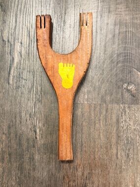 Hand-Carved Wooden Forked Back Slingshot  with Yellow Foot Decal